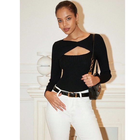 Black Rib Knit Cut Out Keyhole Twisted Detail Long Sleeve Light Sweater Top - Picture 2 of 14